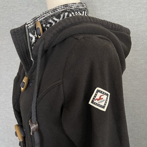 Hollister Hooded Zip Up Faux Fur Coat Size M Toggle Fair Isle Shearling Black - Picture 7 of 13
